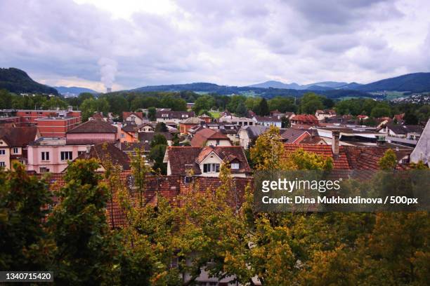 high angle view of townscape against sky,aarau,argovia,switzerland - aarau stockfoto's en -beelden