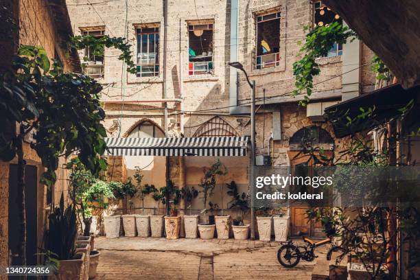 historic neighborhood building decorated with potted plants - tel aviv stock pictures, royalty-free photos & images