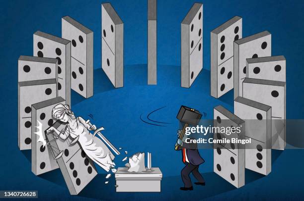 collapsed justice system and domino effect - corruption abstract stock illustrations