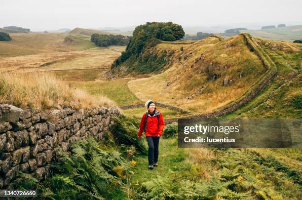 walking hadrian's wall, england - hadrians wall stock pictures, royalty-free photos & images