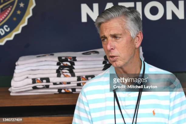 President of baseball operations David Dombrowski looks on, during batting practice of a baseball game against the Washington Nationals at Nationals...