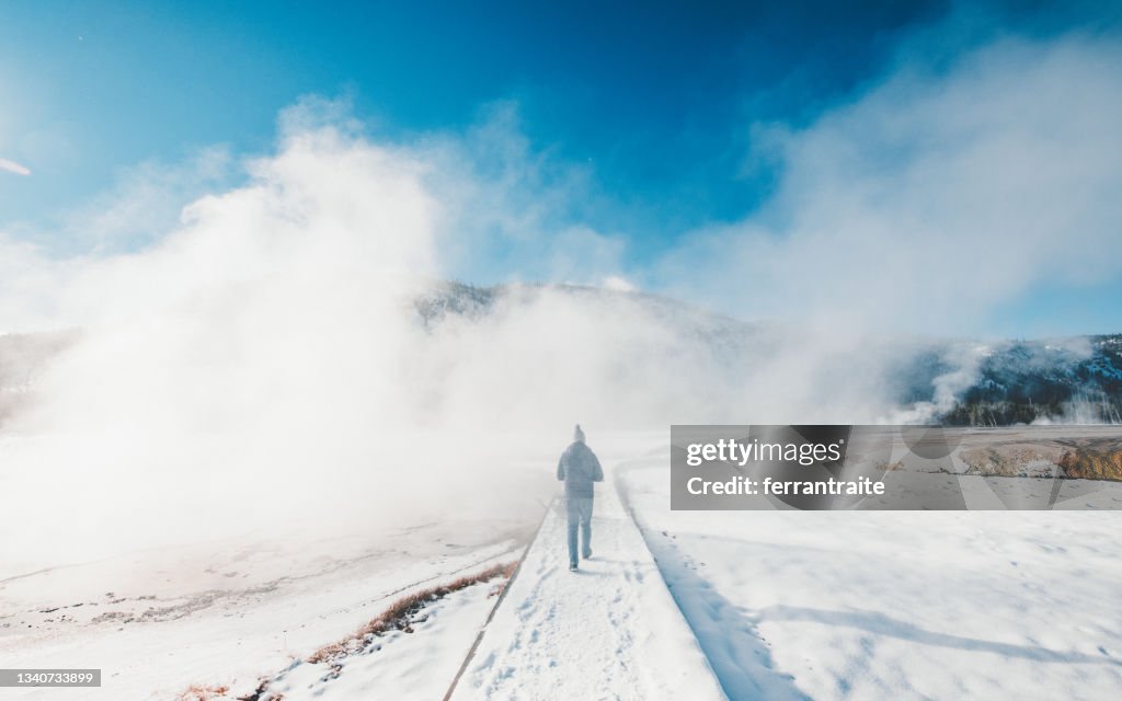 Yellowstone geyser sightseeing in winter
