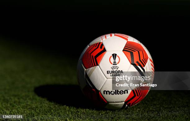 Detailed view of the Molten Vantaggio 5000 official match ball is seen prior to the UEFA Europa League group G match between Real Betis and Celtic FC...