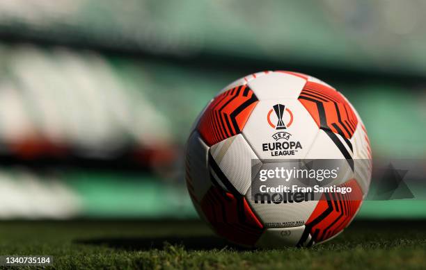 Detailed view of the Molten Vantaggio 5000 official match ball is seen prior to the UEFA Europa League group G match between Real Betis and Celtic FC...