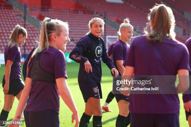 Steph Houghton of England reacts during a training session at St Mary's Stadium on September 16, 2021 in Southampton, England.