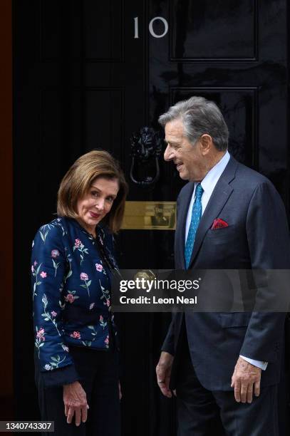 House Speaker Nancy Pelosi and her husband Paul Pelosi arrive for a meeting with Prime Minister Boris Johnson at Downing Street on September 16, 2021...