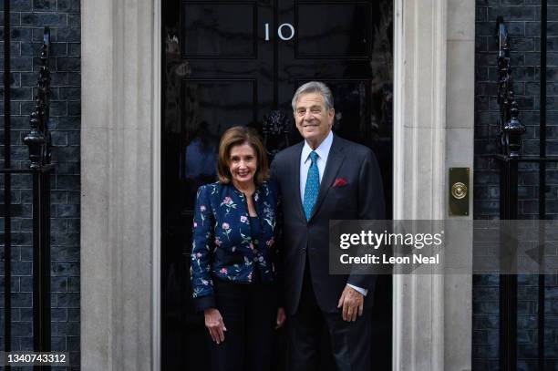 House Speaker Nancy Pelosi and her husband Paul Pelosi arrive for a meeting with Prime Minister Boris Johnson at Downing Street on September 16, 2021...