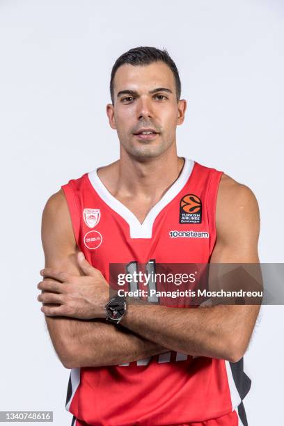 Kostas Sloukas, #11 poses during the 2021/2022 Turkish Airlines EuroLeague Media Day of Olympiacos Piraeus at Peace and Friendship Stadium on...