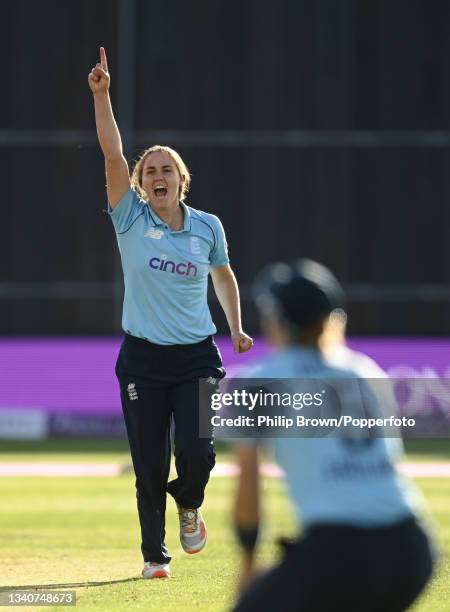 Natalie Sciver of England celebrates after dismissing Suzie Bates of New Zealand during the 1st One Day International match between England and New...