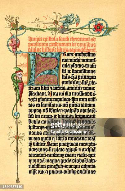 the gutenberg bible page with illuminated letter 1898 - medieval illuminated letter stock illustrations