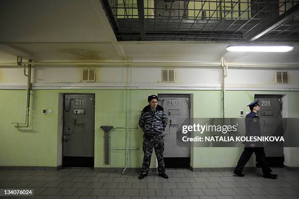 Picture taken on November 25 shows a general view of a lobby with cell doors in the notorious Russia's Butyrka remand prison in Moscow. AFP PHOTO /...