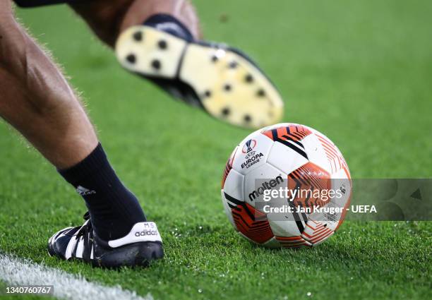 The Molten Vantaggio 5000 official match ball is seen during the warm up prior to the UEFA Europa League group C match between Leicester City and SSC...