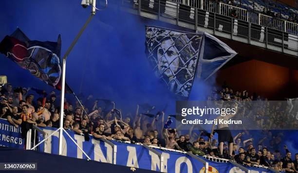 Fans of Dinamo Zagreb show their support during the UEFA Europa League group H match between Dinamo Zagreb and West Ham United at Maksimir Stadium on...