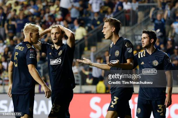 Jakob Glesnes, Kacper Przybyłko, Jack Elliott and Leon Flach of Philadelphia Union react to a call during the semifinal second leg match against Club...