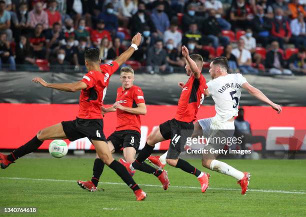 Pierre-Emile Hojbjerg of Tottenham Hotspur scores their side's second goal during the UEFA Europa Conference League group G match between Stade...