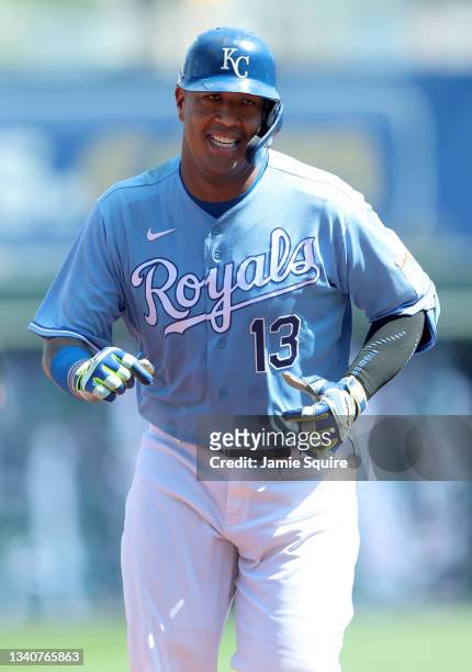 Salvador Perez of the Kansas City Royals circles the bases after hitting a 2-run home run during the 1st inning of the game against the Oakland...