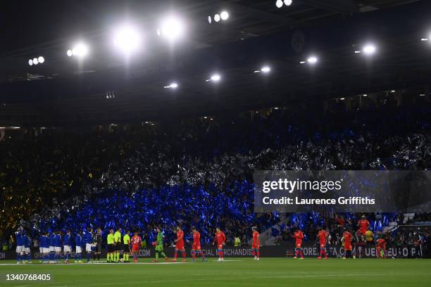 General view inside the stadium as players from both side's enter the pitch whilst fans wave flags prior to the UEFA Europa League group C match...