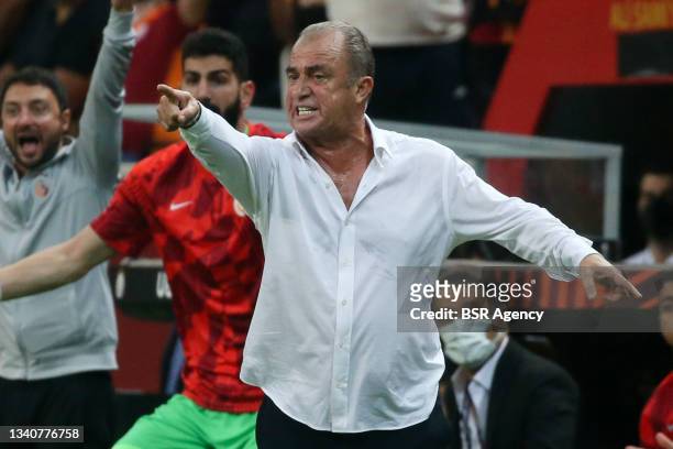 Coach Fatih Terim of Galatasaray reacts during the UEFA Europa League match between Galatasaray and Lazio Roma at Türk Telekom Stadyumu on September...