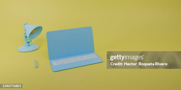 three dimensional  illustration of computer with lamp and pen on yellow background, copy space - 3d render pencils stockfoto's en -beelden