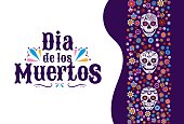 Dia de los muertos colorful design template with skulls and flowers