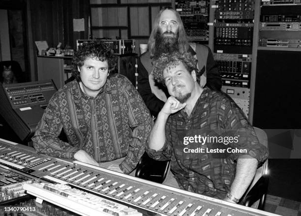 American record producer Mike Clink, American A&R executive John Kalodner and American singer-songwriter, musician, and entrepreneur Sammy Hagar pose...