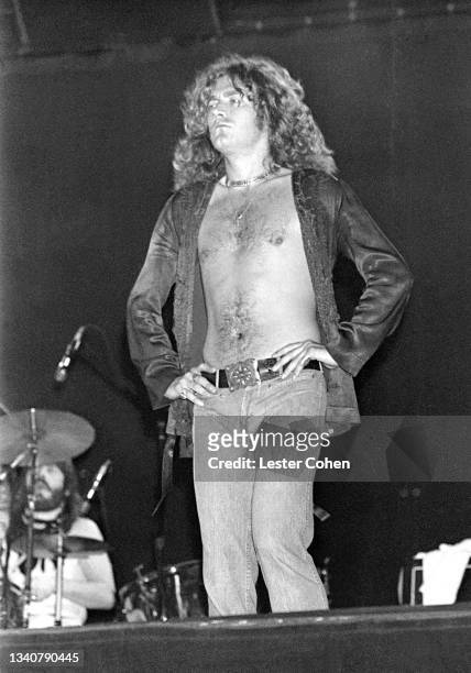 British singer and songwriter Robert Plant and English drummer and songwriter John Bonham , of the English rock band Led Zeppelin, perform on stage...