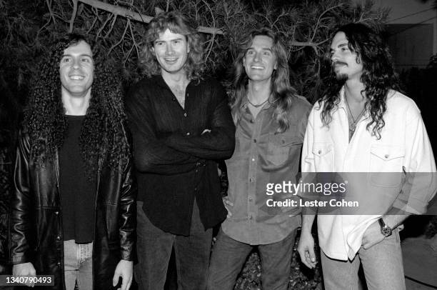 American guitarist Marty Friedman, American musician Dave Mustaine, American musician David Ellefson and American musician Nicholas Menza , of the...