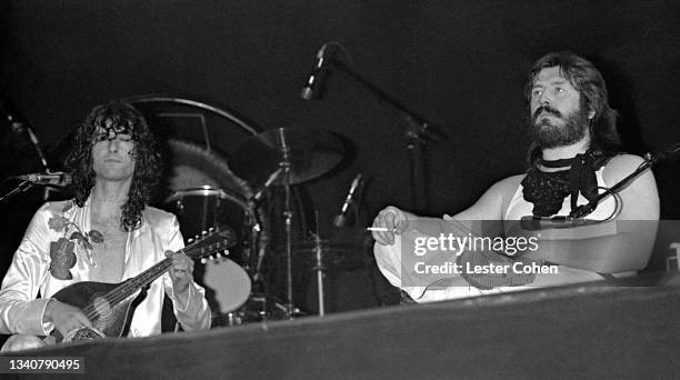 English musician, songwriter, multi-instrumentalist and record producer Jimmy Page and English drummer and songwriter John Bonham , of the English...