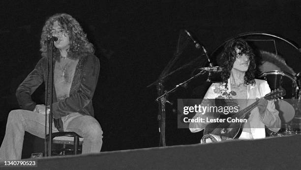 British singer and songwriter Robert Plant and English musician, songwriter, multi-instrumentalist and record producer Jimmy Page, of the English...