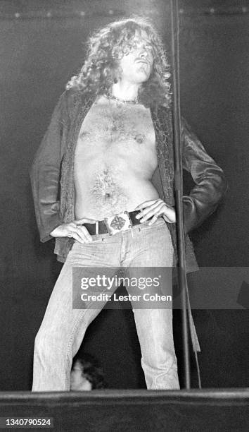 British singer and songwriter Robert Plant, of the English rock band Led Zeppelin, performs on stage during the 1975 North American Tour on May 24,...