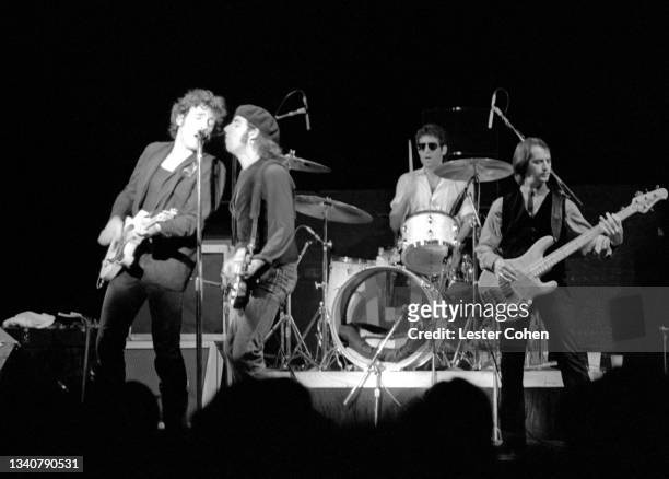 American singer, songwriter, and musician Bruce Springsteen performs on stage with members of the E Street Band, American singer, songwriter,...