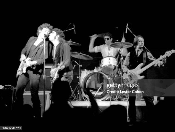 American singer, songwriter, and musician Bruce Springsteen performs on stage with members of the E Street Band, American singer, songwriter,...