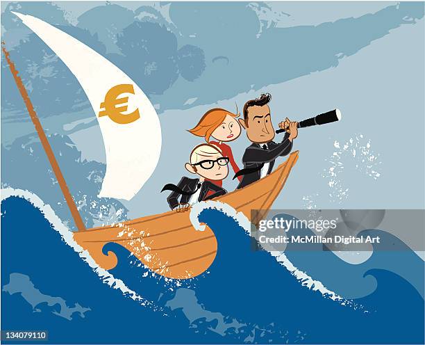 executives on sailboat with rough sea - looking through glasses stock illustrations