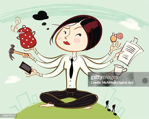 woman juggling multiple tasks all at once - woman juggling stock illustrations