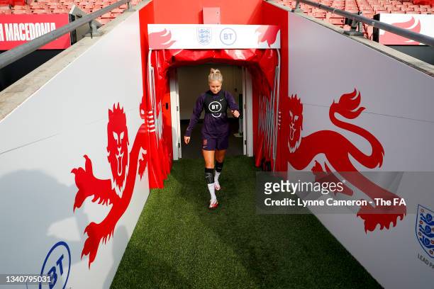 Steph Houghton of England walks onto the pitch prior to a training session at St Mary's Stadium on September 16, 2021 in Southampton, England.