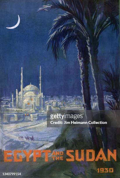 Travel brochure for Egypt And The Sudan features an illustration of a city at night with tall, white buildings illuminated by the moonlight, 1930.