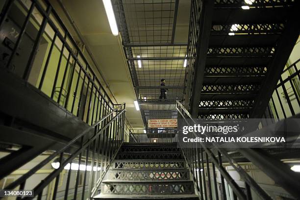 Picture taken on November 25 shows a general view of the guarded flight of stairs in the notorious Russia's Butyrka remand prison with cell windows...