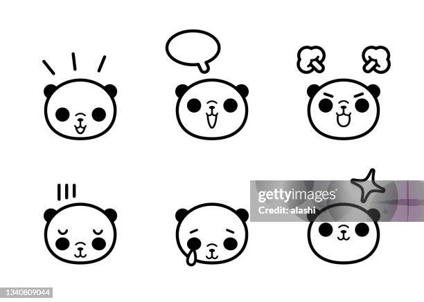 cute panda icon set with six facial expressions in black and white - pandya stock illustrations