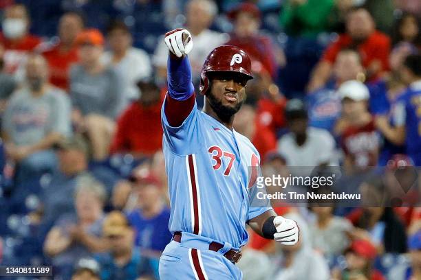 Odubel Herrera of the Philadelphia Phillies celebrates during the fourth inning against the Chicago Cubs at Citizens Bank Park on September 16, 2021...