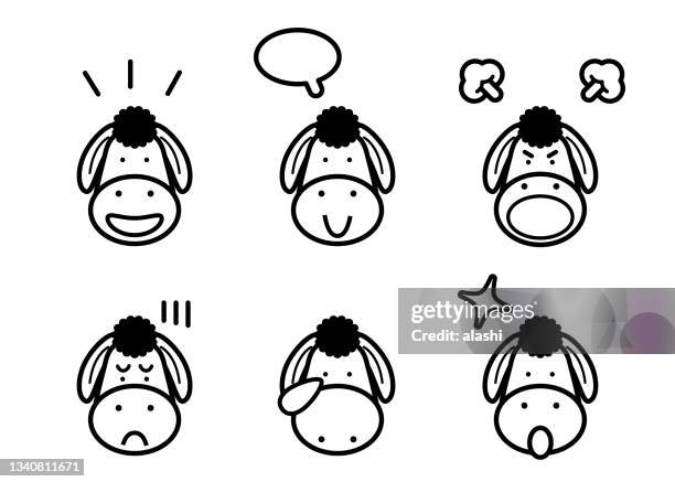 ilustrações, clipart, desenhos animados e ícones de ícone de burro bonito definido com seis expressões faciais em preto e branco - stubborn