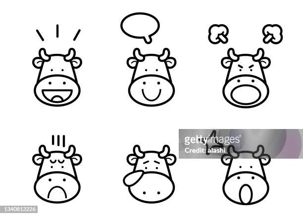 cute cattle icon set with six facial expressions in black and white - cute cow stock illustrations