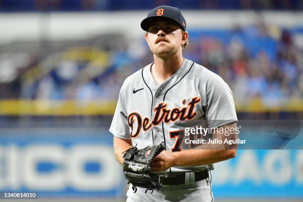 Tyler Alexander of the Detroit Tigers walks back to the dugout after the first inning against the Tampa Bay Rays at Tropicana Field on September 16,...