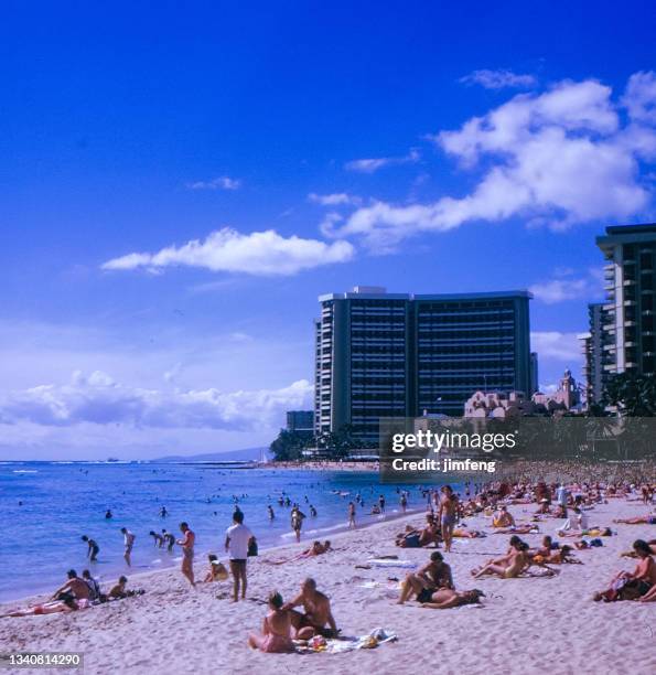 antique photo and old retro vintage style positive film scan,  honolulu waikiki beach, hawaii, usa - pacific rim film stock pictures, royalty-free photos & images