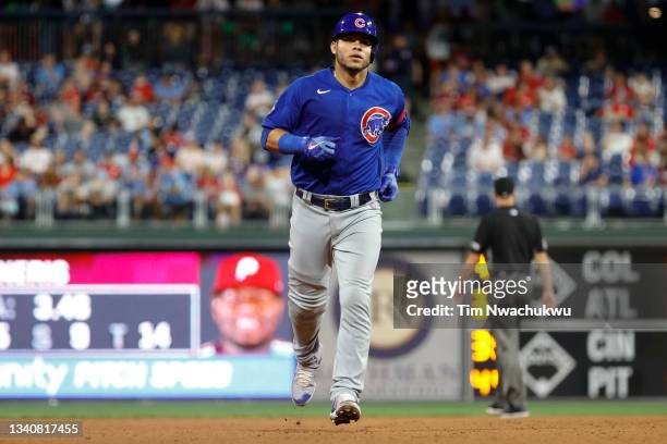 Willson Contreras of the Chicago Cubs rounds bases after hitting a solo home run during the seventh inning against the Philadelphia Phillies at...
