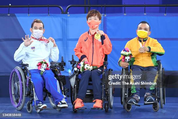 Silver medalist Watcharaphon Vongsa of Team Thailand, gold medalist Hidetaka Sugimura of Team Japan and bronze medalist Maciel Santos of Team Brazil...