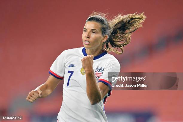 Forward Tobin Heath of Team United States celebrates after scoring during the second half against Paraguay at FirstEnergy Stadium on September 16,...