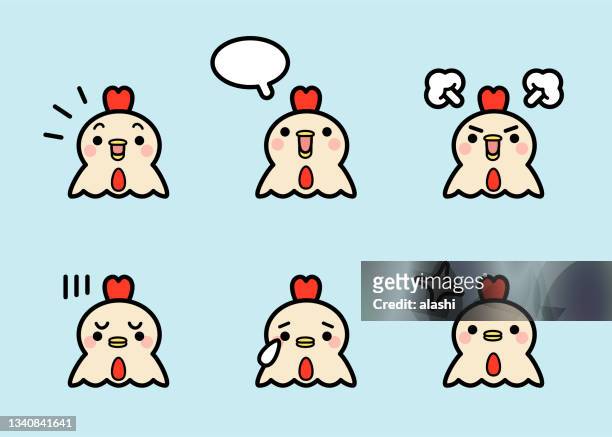 stockillustraties, clipart, cartoons en iconen met cute rooster icon set with six facial expressions in color pastel tones - chicken