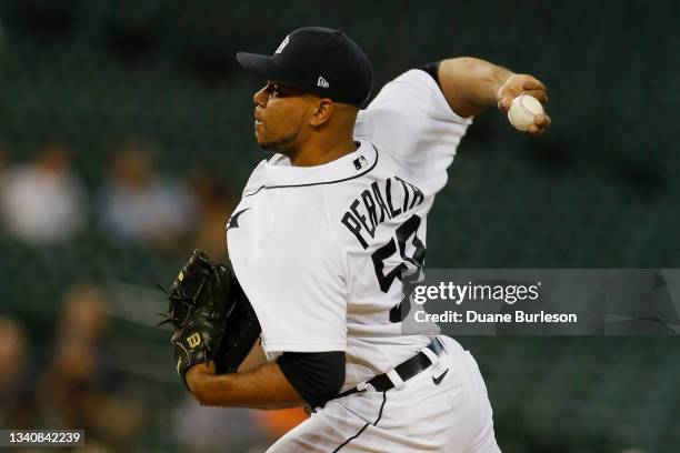 Wily Peralta of the Detroit Tigers pitches against the Milwaukee Brewers at Comerica Park on September 14 in Detroit, Michigan.