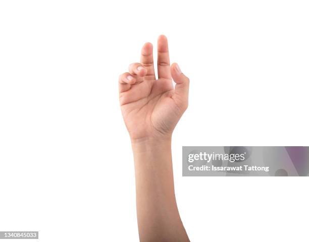 female arm including hand fingers and thumb, the part of body isolated on white background - mano abierta fotografías e imágenes de stock