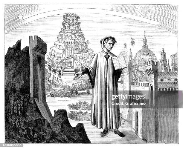 dante and the divine comedy with mount purgatory 1881 - mural stock illustrations